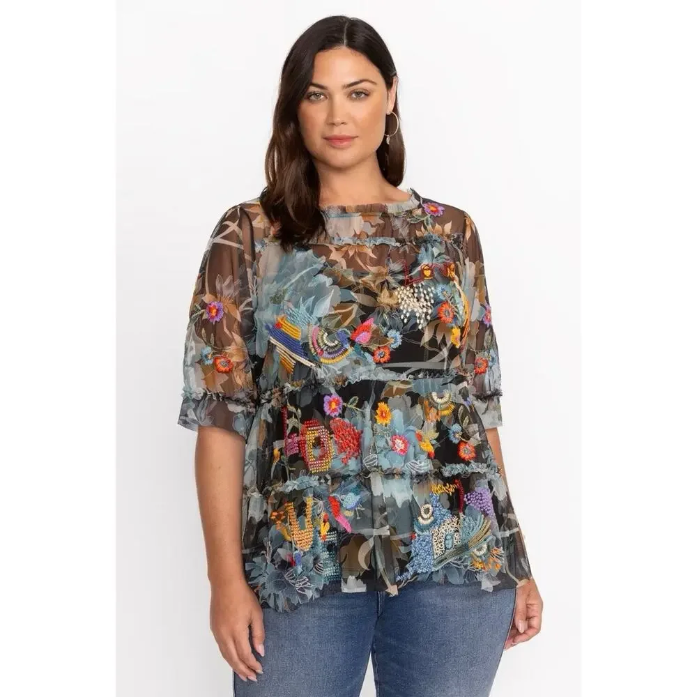 Johnny Was Biya Mazzy Floral Embroidered Tiered Ruffle Sleeve Blouse Lined XL - Picture 1 of 4
